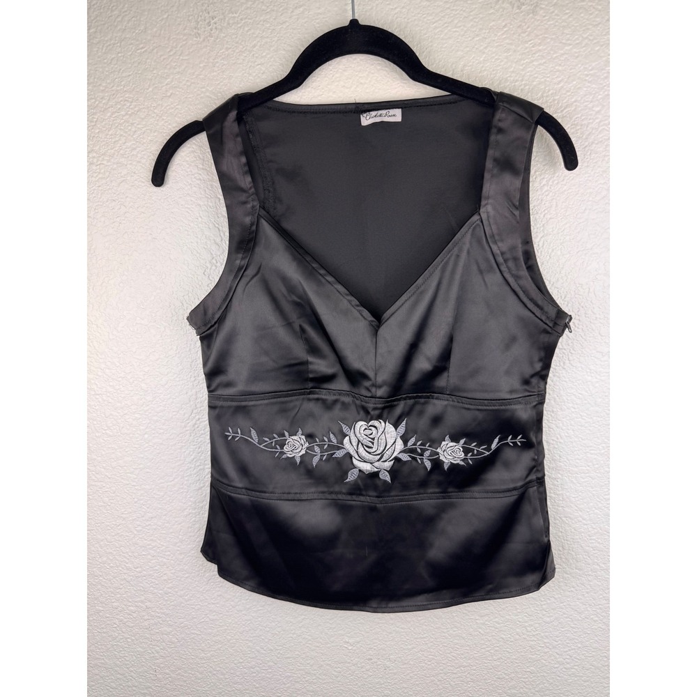 Vintage‎ Charlotte Russe Black Satin Floral Embroidered Y2K Goth Witchy Top